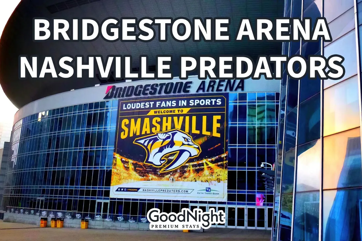 Bridgestone Arena stands prominently with a large banner reading 'Welcome to Smashville' and the Nashville Predators logo, surrounded by an energetic crowd. The scene captures the excitement of a major event venue in the city.